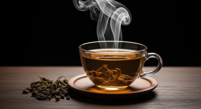 Steaming hot cup of herbal tea with loose tea leaves on a wooden surface against a dark background - Powered by Adobe