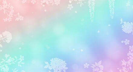 A soft pastel rainbow gradient background with a delicate white floral border and bokeh effect.