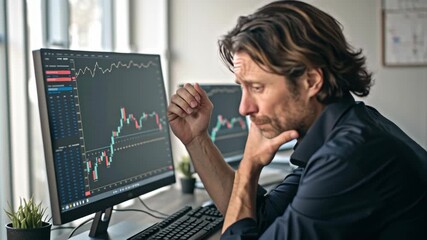 Man trader analyzing stock chart computer monitor finance trading stressed trader anxious businessman stock chart desktop computer market volatility - Powered by Adobe