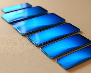 Electric blue mobile devices arranged on minimal linear pattern