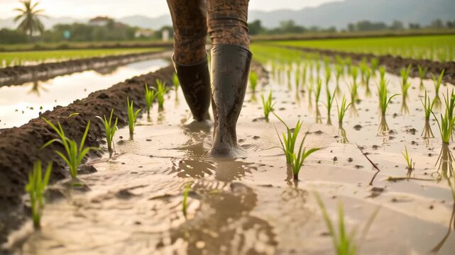 Rubber boot muddy field rice seedling wet soil silhouette sunset rubber boot rice seedling muddy field waterlogged soil farmer planting person