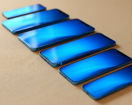 Electric blue mobile devices arranged on minimal linear pattern