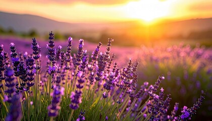 Naklejka premium A close-up view of blooming lavender flowers in a field during sunset, with the sun casting a warm golden light over the landscape.