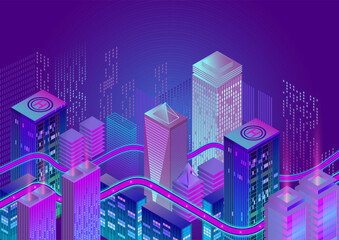 Futuristic smart city at night with neon highways, glowing skyscrapers, and digital infrastructure in vibrant purple and blue tones. Isometric illustration