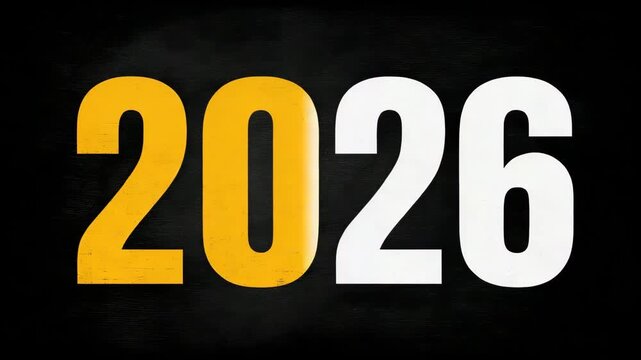 Bold yellow 2026 numbers on textured black background stark bold graphic year celebration future