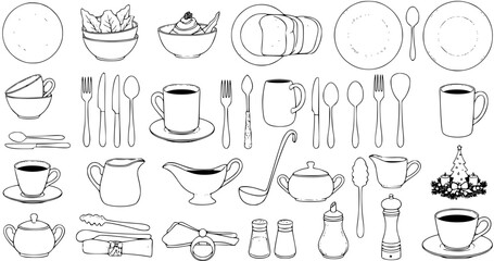 Line art collection of kitchenware, tableware, and dining essentials, including plates, cups, cutlery, serving dishes, and seasonings, on a white background.