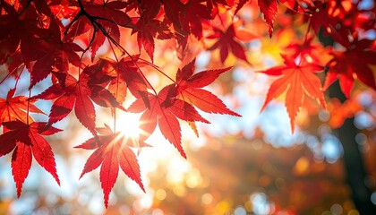 Close-up of bright red maple leaves with the sun shining through, creating a beautiful autumn backdrop.