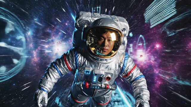 Astronauts in space suits float effortlessly through the stunning galaxy, capturing the limitless possibilities of exploration and technological advancement, perfect for conveying innovative.