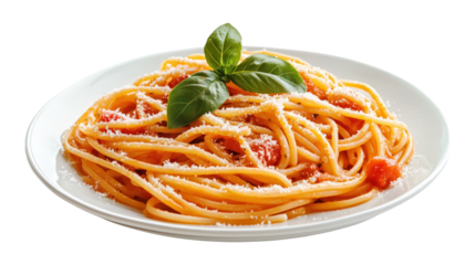 Spaghetti with tomato sauce and basil isolated on a transparent background
