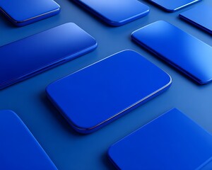 Electric blue mobile devices arranged on minimal linear pattern