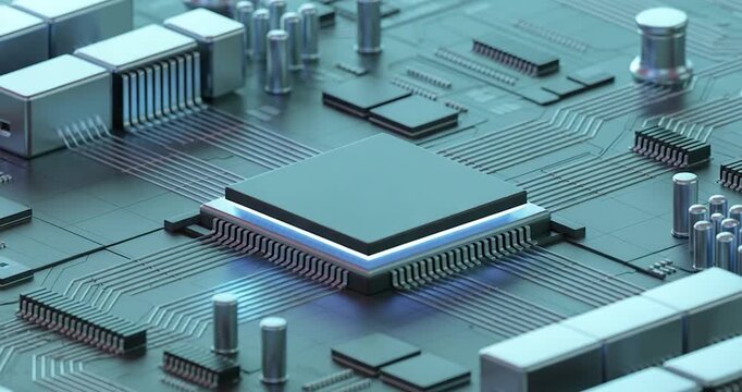 Close-up of a futuristic computer processor chip with glowing blue light on a circuit board technology