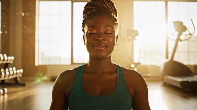 African American woman meditating in sunlit gym, inner peace and wellness in fitness setting, morning routine with spiritual focus and mindful ambience - Powered by Adobe