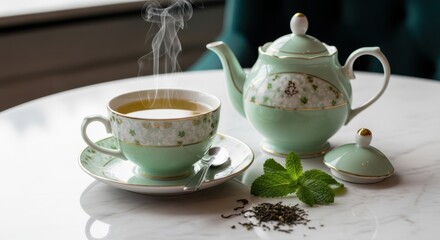 Fototapeta premium Elegant mint green porcelain teapot and cup filled with hot tea and fresh mint leaves