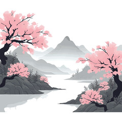 Oriental landscape with sakura trees in blossom and misty forest mountains. Traditional oriental ink painting sumi-e, u-sin, go-hua. Hieroglyphs - eternity, freedom, happiness