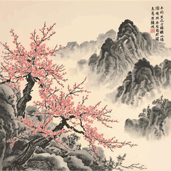 Oriental landscape with sakura trees in blossom and misty forest mountains. Traditional oriental ink painting sumi-e, u-sin, go-hua. Hieroglyphs - eternity, freedom, happiness