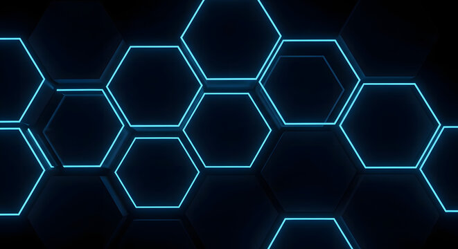 Abstract background with glowing blue hexagons. Futuristic geometric pattern of interconnected neon light lines, representing technology and digital networks - Powered by Adobe