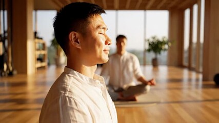 Two young Asian men in a serene yoga studio, meditating with eyes closed, embracing mindfulness during a calming sunset session, tranquility and focus