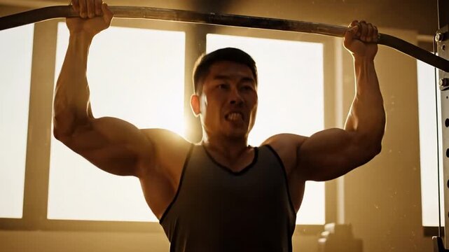 Asian male athlete lifting weights, intense workout in a sunlit gym, strength and perseverance during summer fitness routine - Powered by Adobe