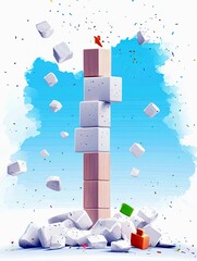 A tall stack of wooden and white blocks is surrounded by falling blocks and confetti, with a small orange arrow pointing upwards on the highest block.