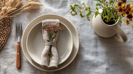 Neutral toned place setting with beige plates linen napkin and small floral arrangement