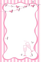 A soft pink frame with heart garlands and elegant wavy borders over light stripes. Perfect for invitations, announcements, greeting cards, romantic notes, celebrations, weddings, and party stationery.