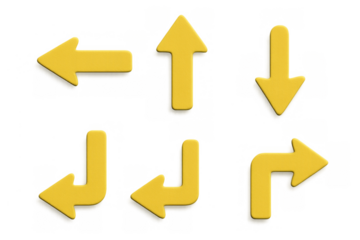 Yellow directional arrows indicating various turns and routes, symbolizing navigation, choice, and moving forward, on a transparent background