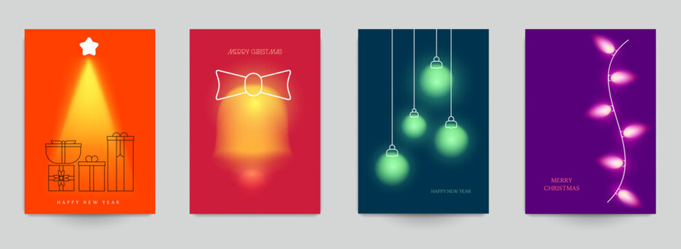 Set holiday background for cover, invitation, poster, banner, flyer, placard. Modern template design for branding, advertising with winter christmas composition in minimal style. Vector illustration.