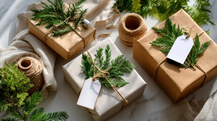 Natural twine wrapped gifts with green sprigs and blank tags sit on marble
