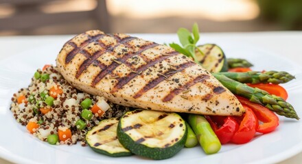 Grilled chicken breast with quinoa and vegetables on a white plate