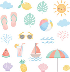 Collection of Beach Summer Icons Featuring Sun Flip Flops Beach Balls Palm Trees and Tropical Drinks in a Flat Design
