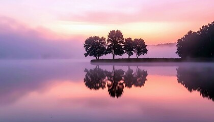 A serene lake reflects the soft pink and purple hues of a misty sunrise, with silhouetted trees lining the distant shore.