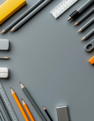 Stationery items are laid out on a creamy grey background. Top view. A ready to use background for design
