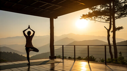 Person practicing yoga in tree pose on mountain 