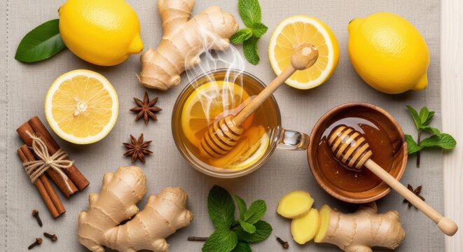 Natural cold and flu remedy ingredients including honey lemon ginger cinnamon and star anise on a rustic surface