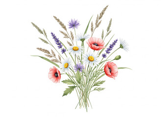 Minimal yet detailed watercolor bouquet of mixed meadow wildflowers, airy negative space, translucent layers, organic natural shapes