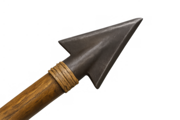 Ancient arrowhead, sharp metal tip on a wooden arrow shaft, ready for hunting and archery, transparent background