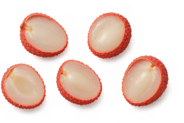 Fresh lychee halves presenting juicy white flesh, sweet exotic tropical fruit for refreshing healthy snacks on transparent background