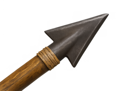 Ancient arrowhead, sharp metal tip on a wooden arrow shaft, ready for hunting and archery, transparent background