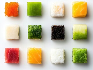A top-down view of twelve different types of sushi, each cut into a perfect square, arranged in a grid on a white surface.