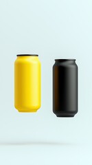 A yellow and a black aluminum can are shown floating side-by-side against a light blue backdrop.