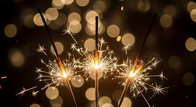 Three bright sparklers glowing and sparkling against a dark background with bokeh lights - Powered by Adobe