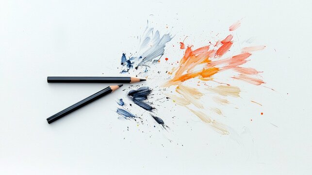 Two black pencils are positioned on a white surface, with abstract paint splatters emanating from their tips in a vibrant array of colors.