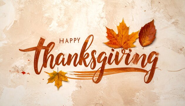 Happy Thanksgiving greeting with autumn leaves and elegant typography.