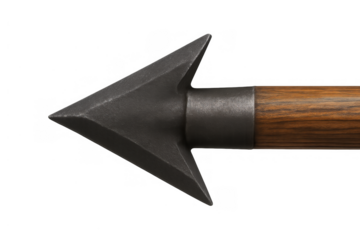 Steel arrowhead leading a wooden arrow shaft, featuring a metal ferrule and sharp point on a transparent background