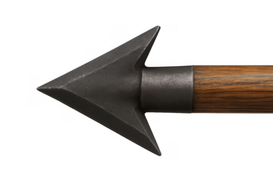 Steel arrowhead leading a wooden arrow shaft, featuring a metal ferrule and sharp point on a transparent background