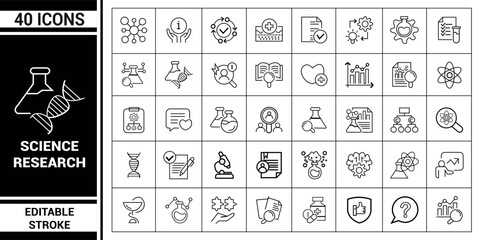 Science research and medical laboratory outline icons vector set