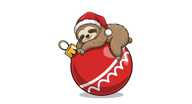 A cute cartoon sloth wearing a Santa hat sleeping peacefully on a large red Christmas ornament.