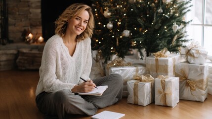 A woman sits on the floor in front of a Christmas tree, smiling and writing notes with a pen on paper next to wrapped gifts, creating her New Year's resolution list for happiness.
