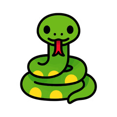 Fototapeta premium Cute cartoon green snake with yellow spots and red tongue on white background.