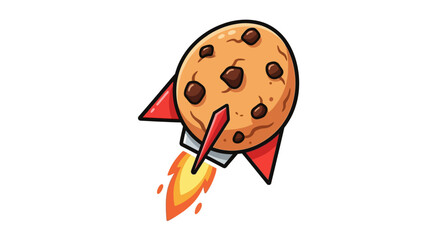 A cartoon illustration depicting a chocolate chip cookie designed as a rocket, complete with red fins and a fiery exhaust plume.
